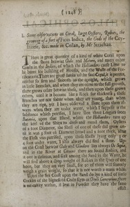 Some observations on coral, large oysters, rubies, the growing of a sort of Ficus Indica, the gods of the Ceylanese, &c. made in Ceilan, by Mr. Strachan